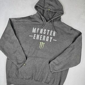 Monster Energy Hoodie Mens 2XL Gray Pullover Fleece Sweatshirt Graphic Logo